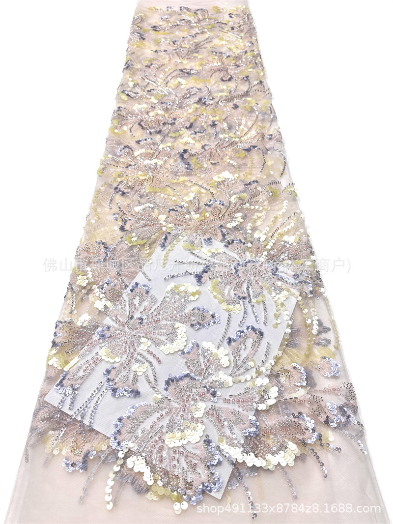 Nuevo fresco clavos de cuentas sequinilla tela de malla bordada floral de color brindis de novia vestido de noche tela image 7