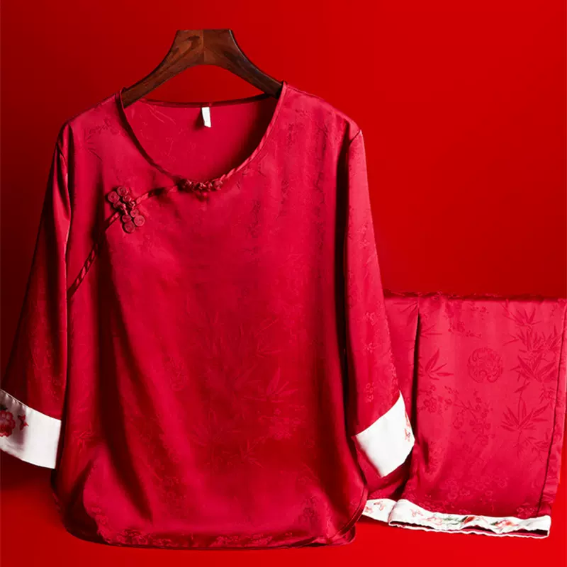 红色冰丝睡衣女新中式可外穿国风带胸垫家居服套装送妈妈生日礼物
