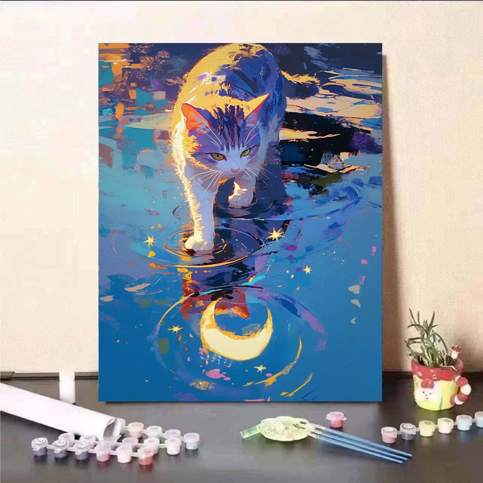 Luna gato diy pintura digital al óleo 2024 nuevo sistema de curación pintura al óleo de relleno acrílico descompresión regalo pintado a mano