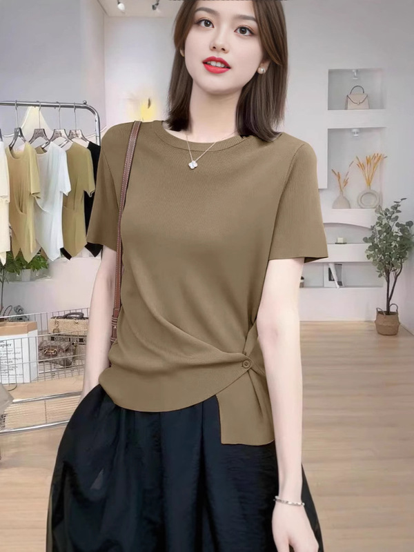 冰丝气质t恤女夏季新款短袖收腰显瘦设计感不规则减龄洋气上衣|undefined