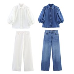 ヨーロッパとアメリカのクロスボーダー婦人服卸売レディースデニムシャツハイウエストワイドレッグジーンズ