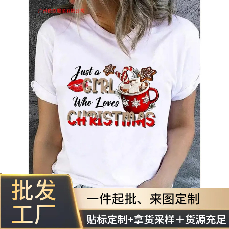 New Year Short Sleeve Printed T-Shirt Top Merry Christmas Cute Sweet 90S Clothing Fashion Ladies T-Shirt Clothes