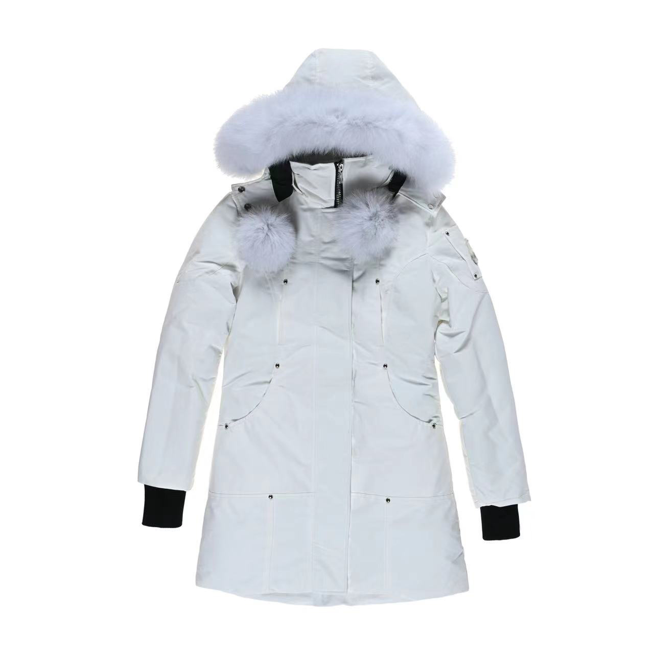 European and American style cross-border MO brand winter down jacket with water-repellent fabric, mid-length, hooded, unisex, European and American style.
