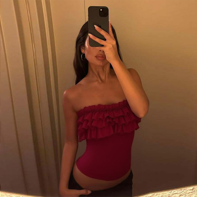 欧美ins风时尚新款性感修身辣妹风一字肩纯色荷叶边裹胸上衣女装
