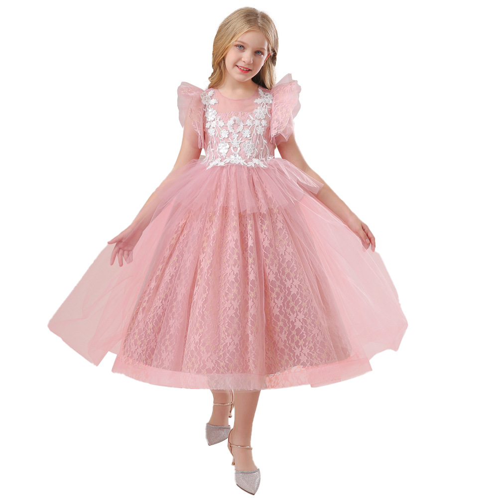 2024 europeo y americano nuevo vestido de las niñas vestido de princesa mullido mediano y grandes niños vestido de malla flor niña vestido de novia