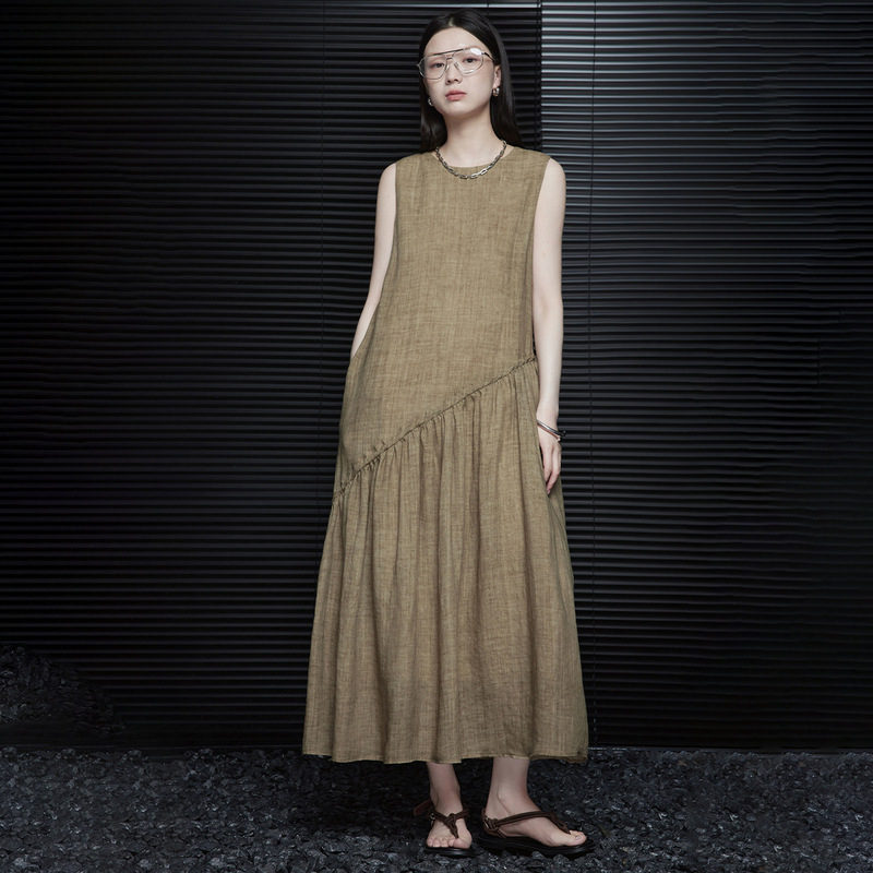 Khaki A-Line French-Style Ramie Dress for Women 2026 Elegant Long Dress High-End Exquisite Slimming Dress B0632