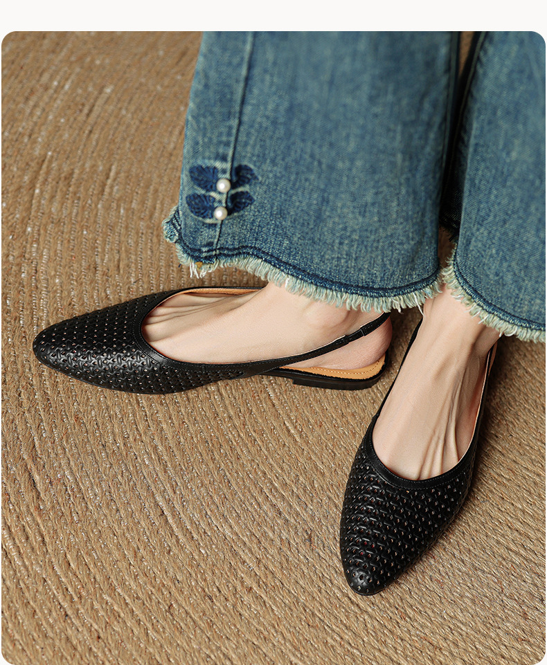 Sandal nữ da bò mũi kín quai sau đế bệt phong cách Hàn Quốc — đen chi tiết 10