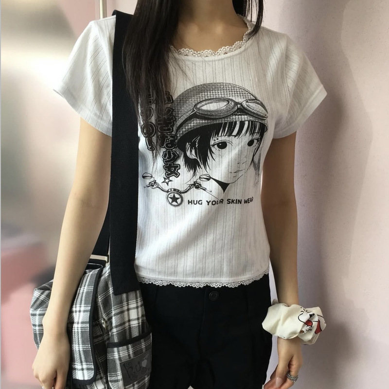 Cartoon Avatar Print with Rhinestone Lace Trim Short-Sleeve T-Shirt