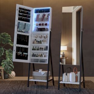 Jewelry cabinet with 3 LED jewelry mirror cabinet with Necklace ring cosmetics standing jewelry cabinet with mirror