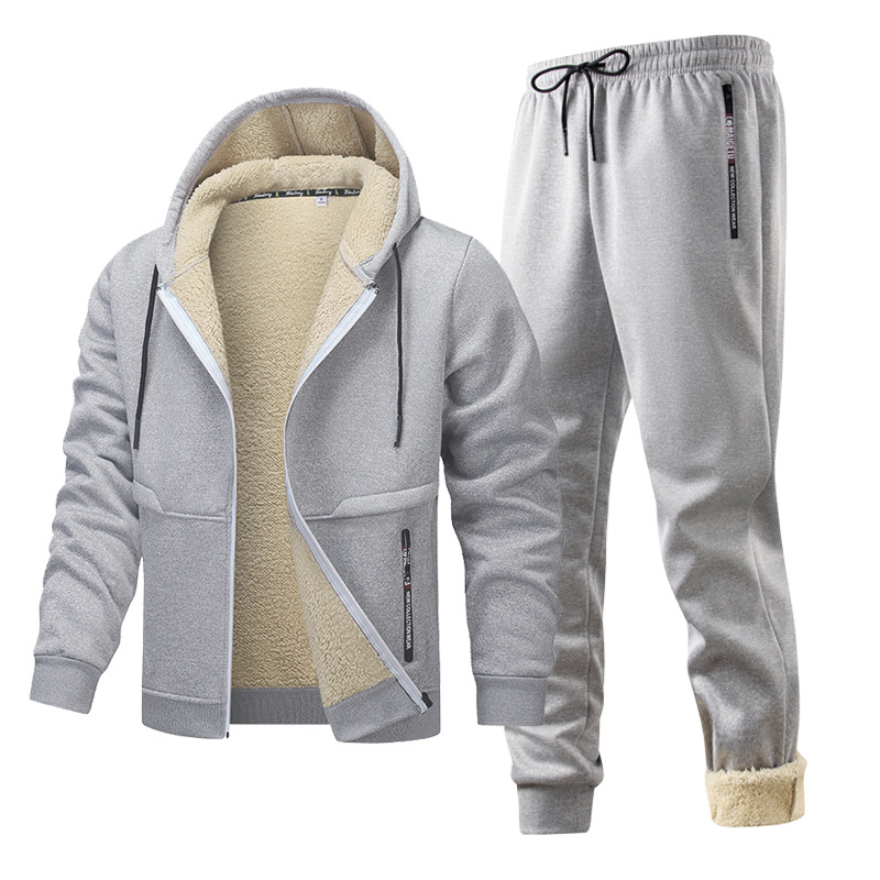 [Cross-Border European Code] Lamb Velvet Suit Men's Hooded Jacket Men's Velvet Thickened Winter Sports Suit Men's Cardigan