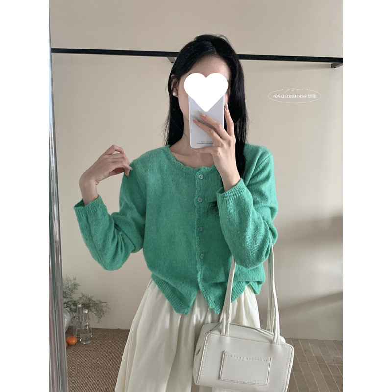 Literary and Pure Spring New Candy Color Lazy and Comfortable Round Neck Crocheted Short Elastic Knitted Cardigan Long Sleeves for Women Literary and Pure Spring New Candy Color Lazy and Comfortable Round Neck Crocheted Short Elastic Knitted Cardigan Long Sleeves for Women
