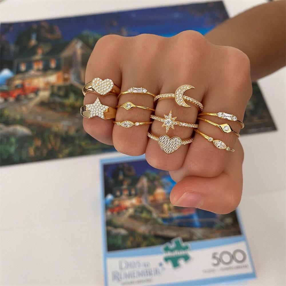 Fashion Heart Shape Copper Heart Star Inlaid Gold Gem Rings