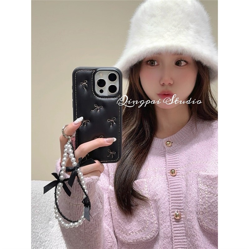 Ins Style Leather Black Bow with Chain for Apple 16promax Phone Case iphone13 New Style