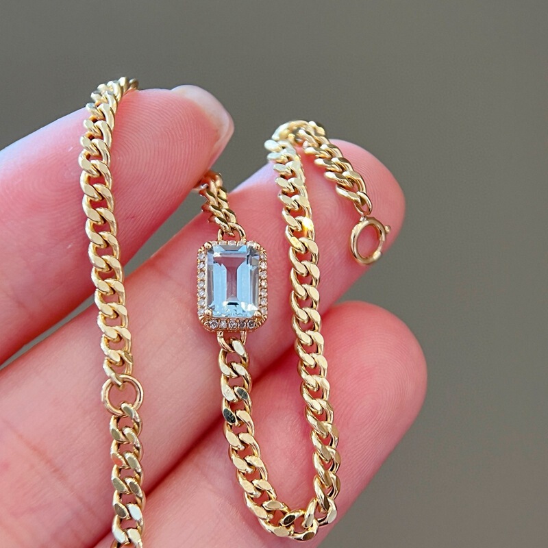 18K Gold Bracelet Cuban Chain Diamond Bracelet Princess Square Aquamarine Bracelet Elegant Simple European and American Thick Bracelet