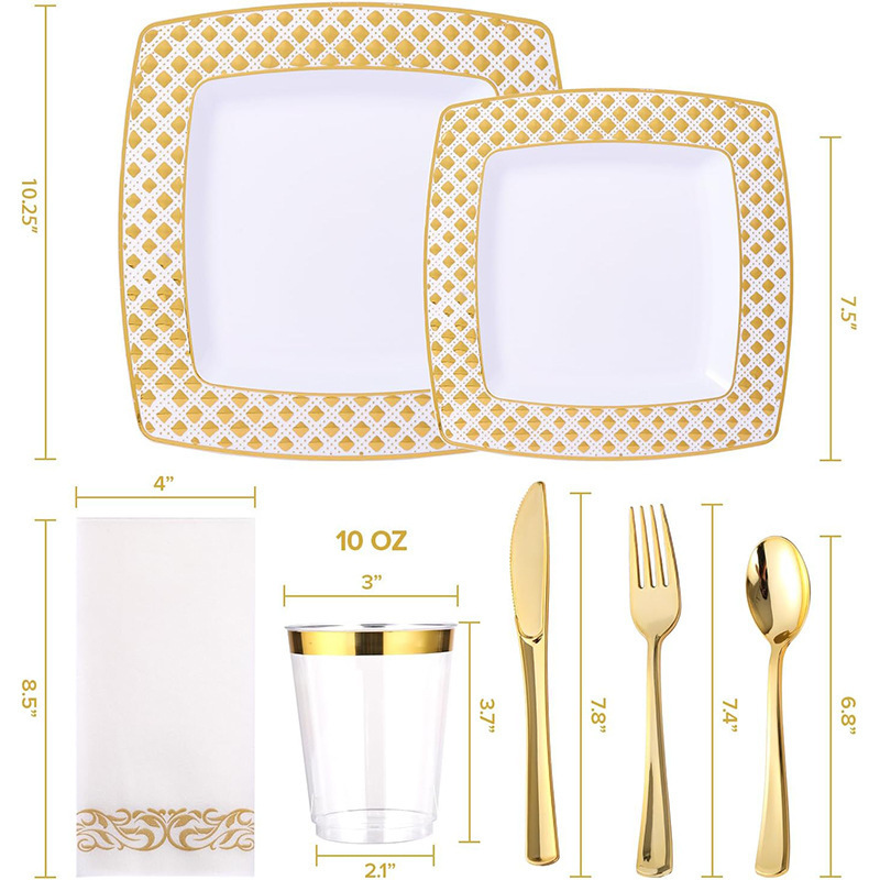 7.5inch Gold Diamond Design Square Salad Plates Plastic Knife Fork Spoon Disposable Gold Rim Plastic Party Cups 7.5inch Gold Diamond Design Square Salad Plates Plastic Knife Fork Spoon Disposable Gold Rim Plastic Party Cups