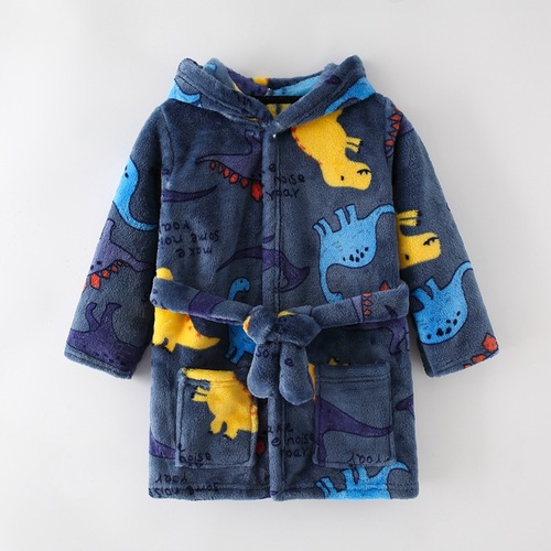 Cross-border children's pajamas for boys and girls, spring and autumn/winter bathrobes, sleepwear, cartoon flannel hooded children's clothing, home wear