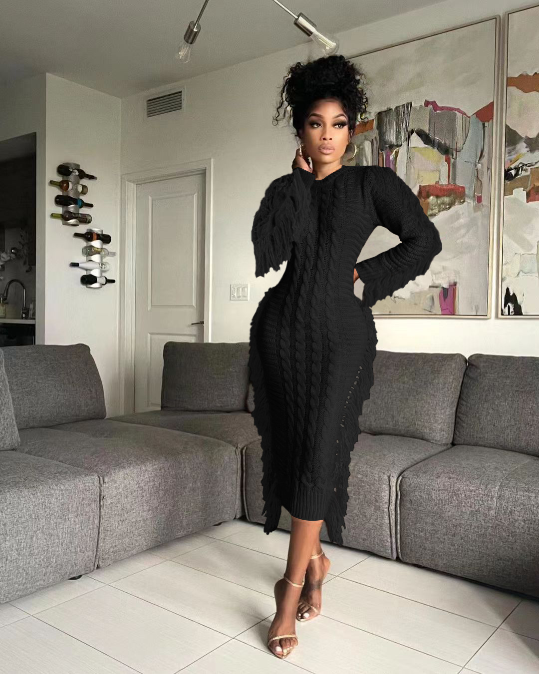 Robe pull femme avec franges longues en maille pour l'hiver_voghion.com