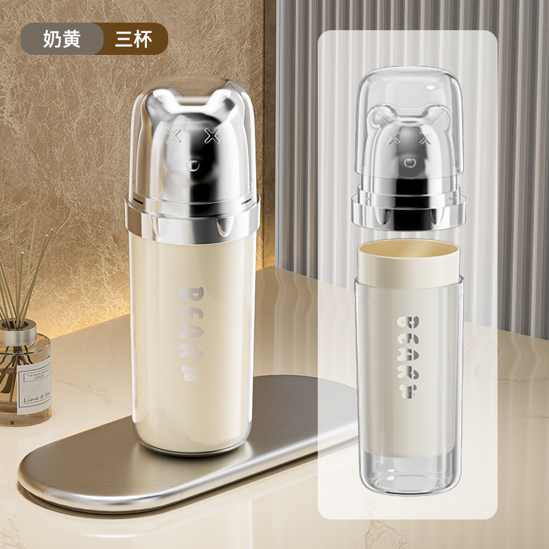 Taza de enjuague de oso portátil de viaje 3 en 1 caja de almacenamiento de aparatos dentales de alto valor facial artículos de higiene