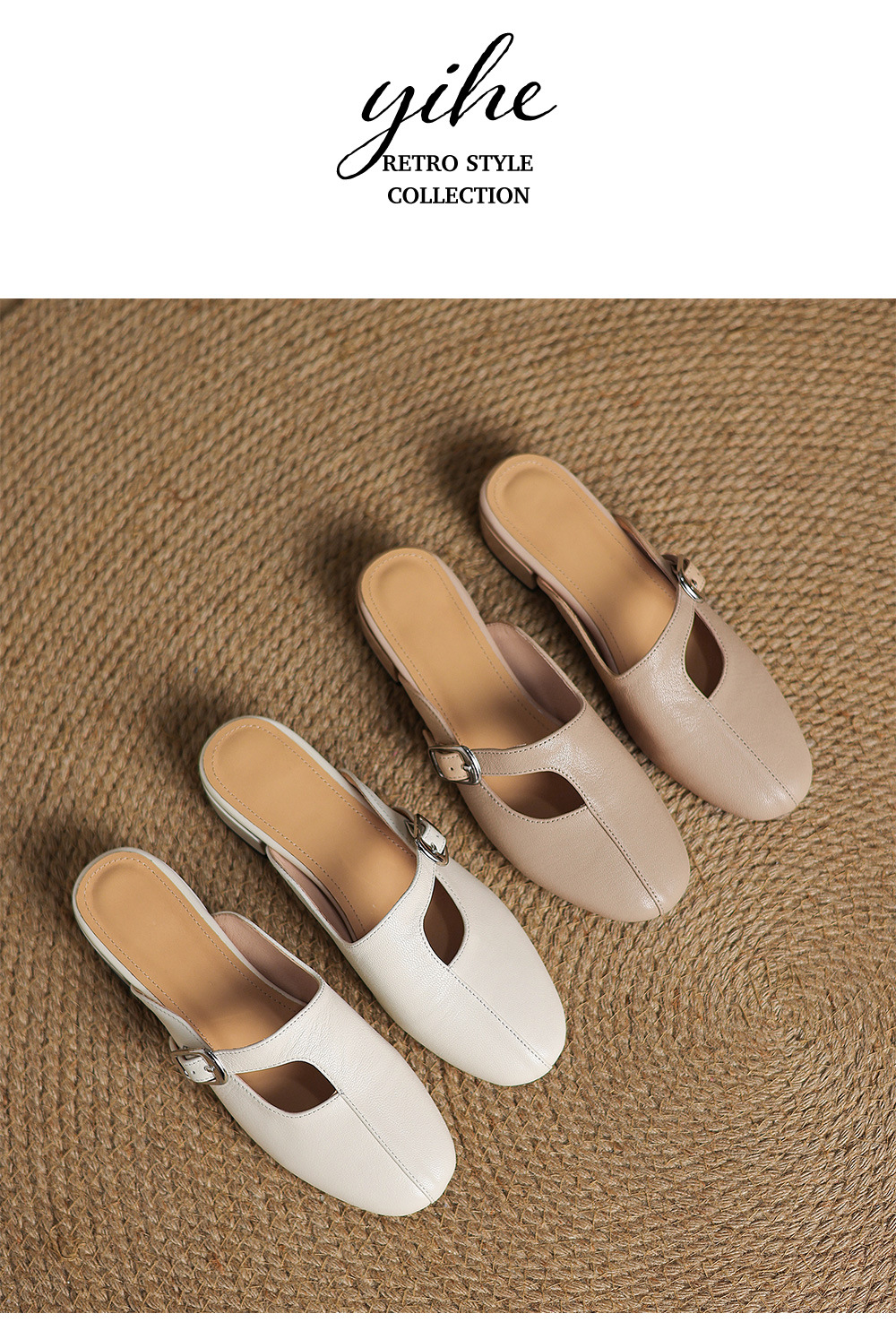 Dép sandal nữ da bò trùm đầu hở gót gót thấp đơn giản — màu trắng ngà chi tiết 13