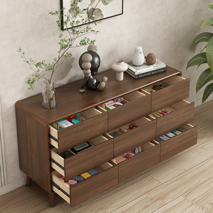 C^Chinese Style Bedroom Nine-Drawer Storage Cabinet Living Room Storage Cabinet Wall-Mounted Bedside Chest of Drawers Solid Wood Frame Chest of Drawers Walnut
