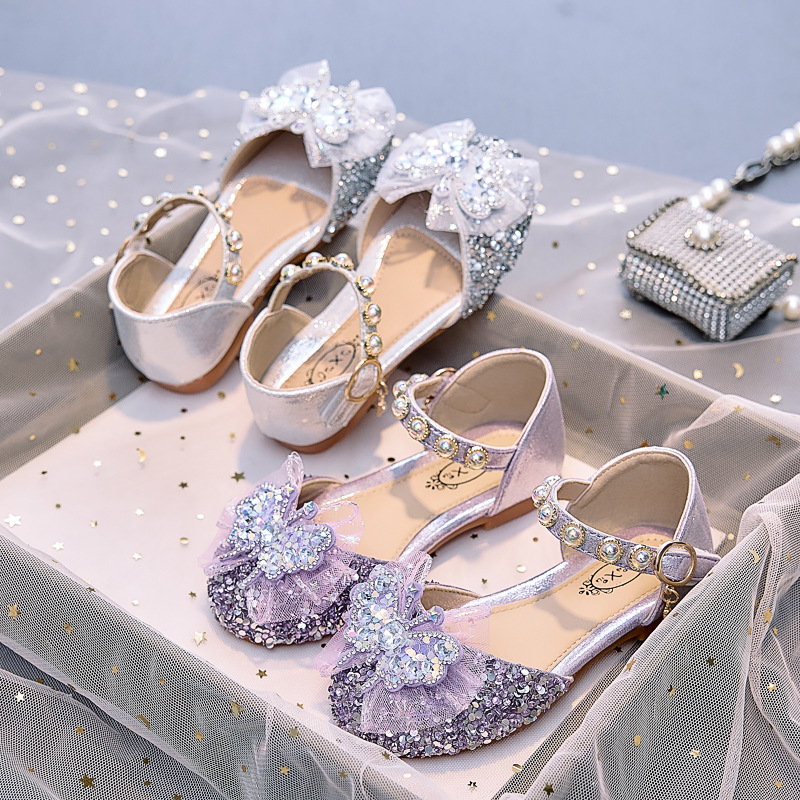 Girls' Soft-Soled Fashionable Small Leather Shoes 2025 Spring and Summer New Butterfly Rhinestone Princess Sandals Dance Performance Shoes