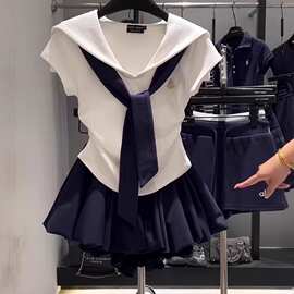 短袖海军领女中大童假两件女童夏季半身裙2026裤潮洋气学院风套装