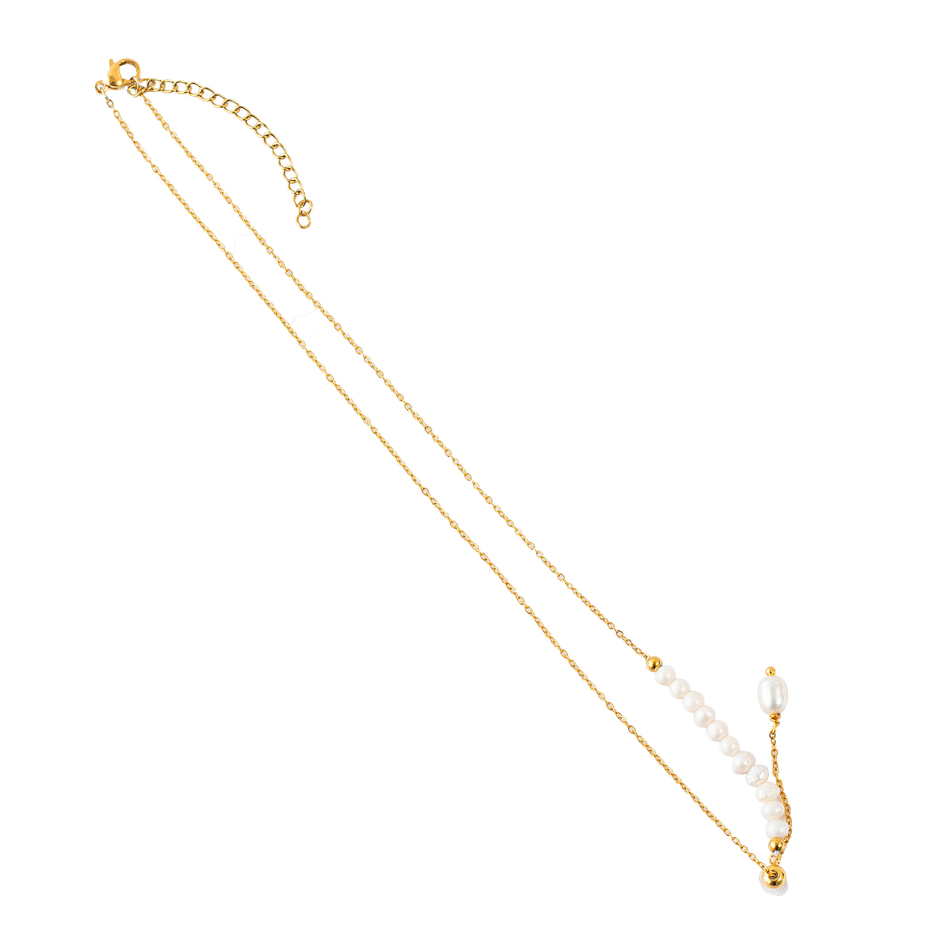 Colar de pérolas de água doce bem projetado com uma corrente cruzada leve e luxuosa e corrente de clavícula vermelha de malha expansível_voghion.com