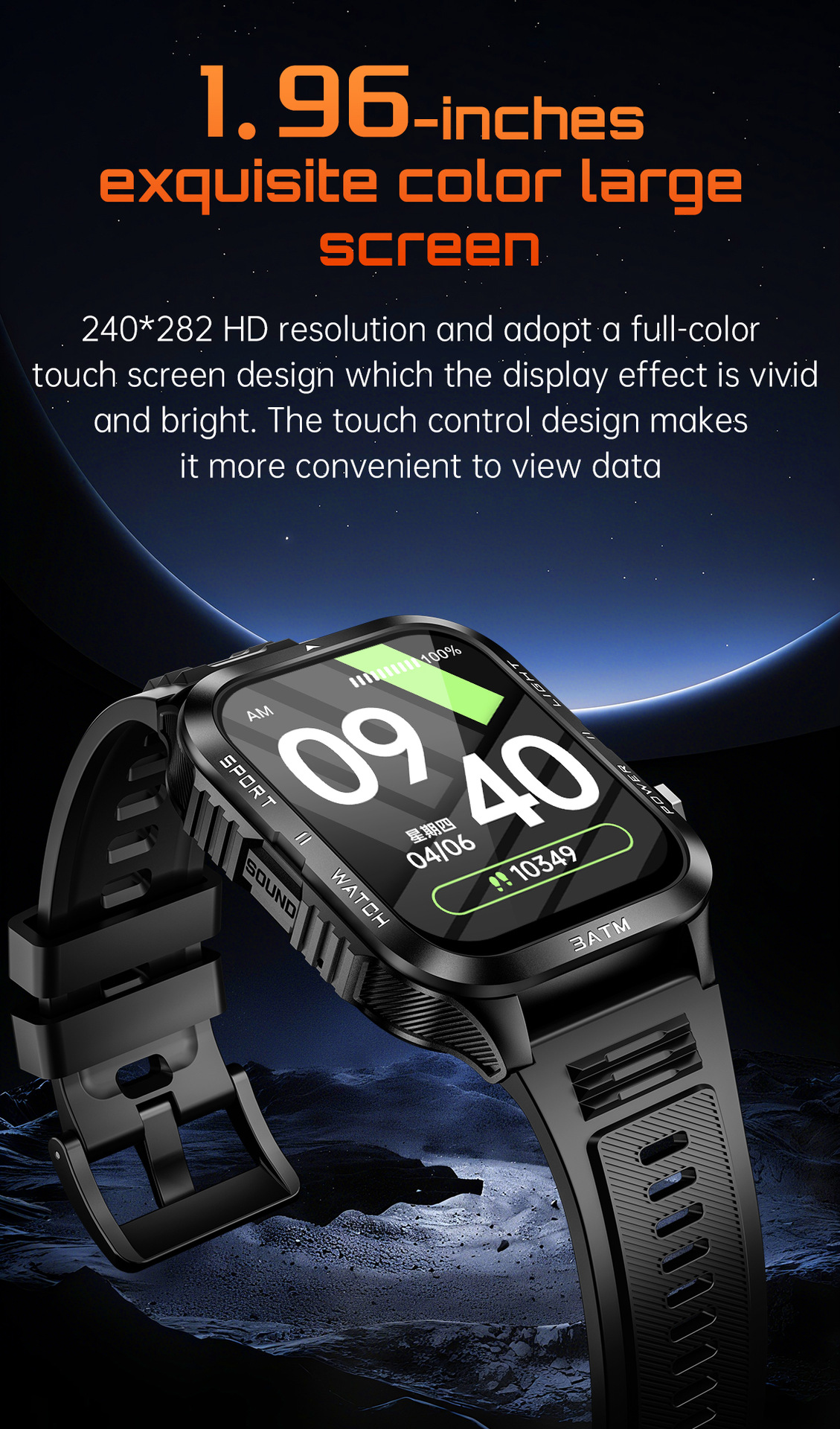 Smartwatch KT89 con ampio schermo da 1,96 pollici, chiamate Bluetooth, torcia a LED, orologio sportivo per attività all'aperto, unisex, stile business, lusso/sportivo._voghion.com