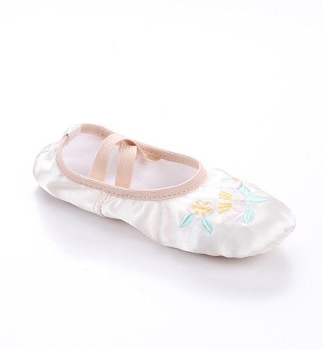 Champagne Satin Embroidered Large Floral Chinese Style Stage Performance Shoes for Adults Soft Sole Ballet Dance Shoes Cat Paw Yoga Shoes