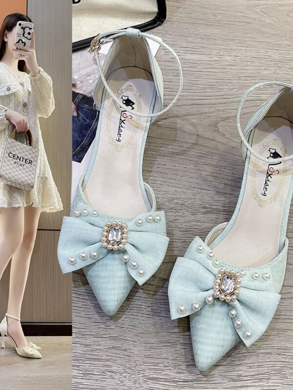 Fairy-Style One-Strap High-Heeled Shoes for Women, Summer Outdoor Wear, Elegant Pointed-Toe Thin Mid-Heel Rhinestone Single Shoes, Closed-Toe Sandals for Women