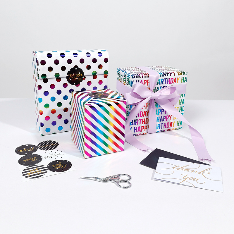 Amazon ofrece un paquete de regalos de cumpleaños de estampado de colores con líneas de puntos coloridos, papel de embalaje de regalo de amor en rollos