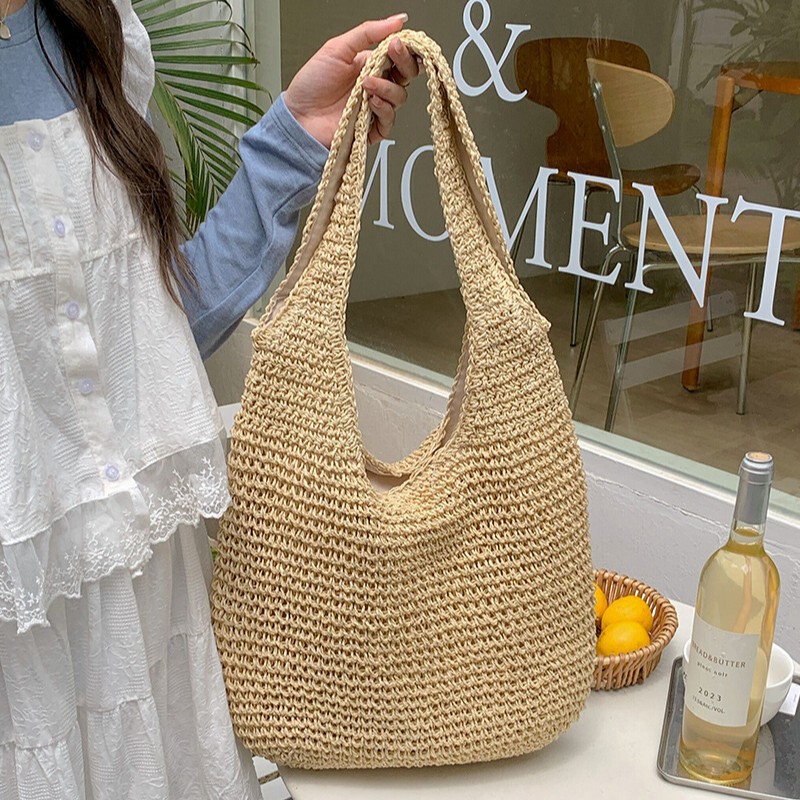 New Holiday Style Straw Woven Bag Shoulder Bag New Tote Bag Large Capacity Casual Handheld Woven Bag Ethnic Style