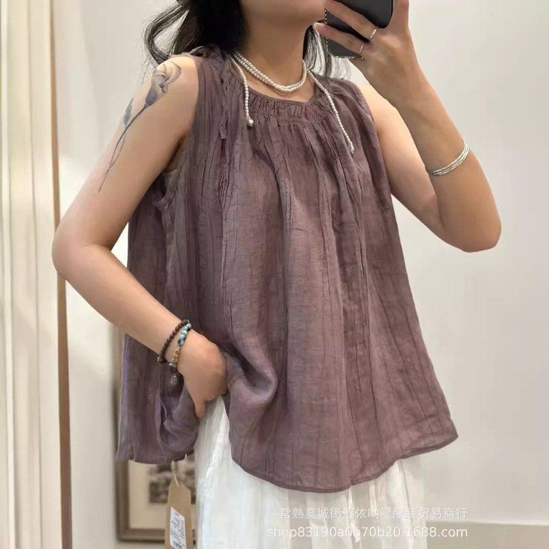 Pleated Ramie Vest 2024 Spring/Summer Lace-Up Pullover Sleeveless Loose Slimming Top for Women, Breathable Ramie