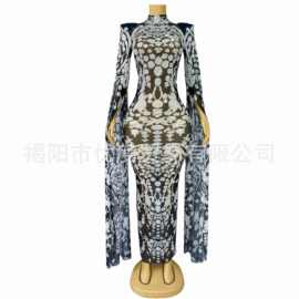 新款小众大袖水钻欧美跨境礼服生日酒会晚会红毯派对演出服大喇叭