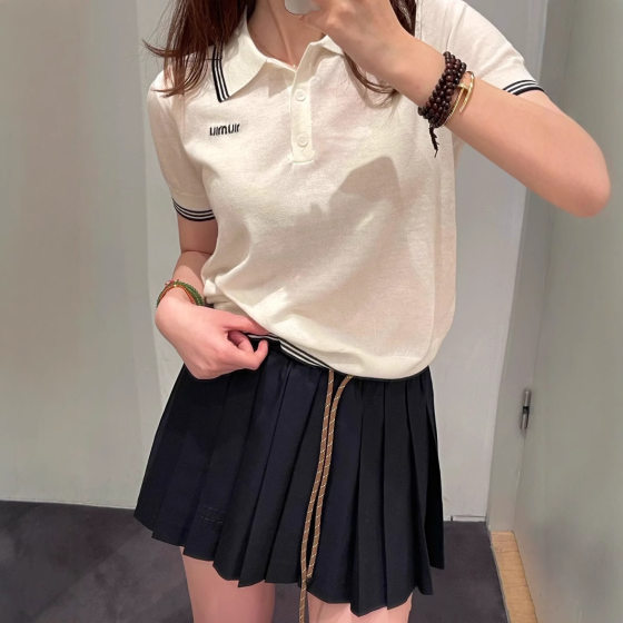 Nanyou Gaoding Miu Simple All-match Summer New Polo Shirt Lapel Loose Sweet Knitted Short-sleeved Top