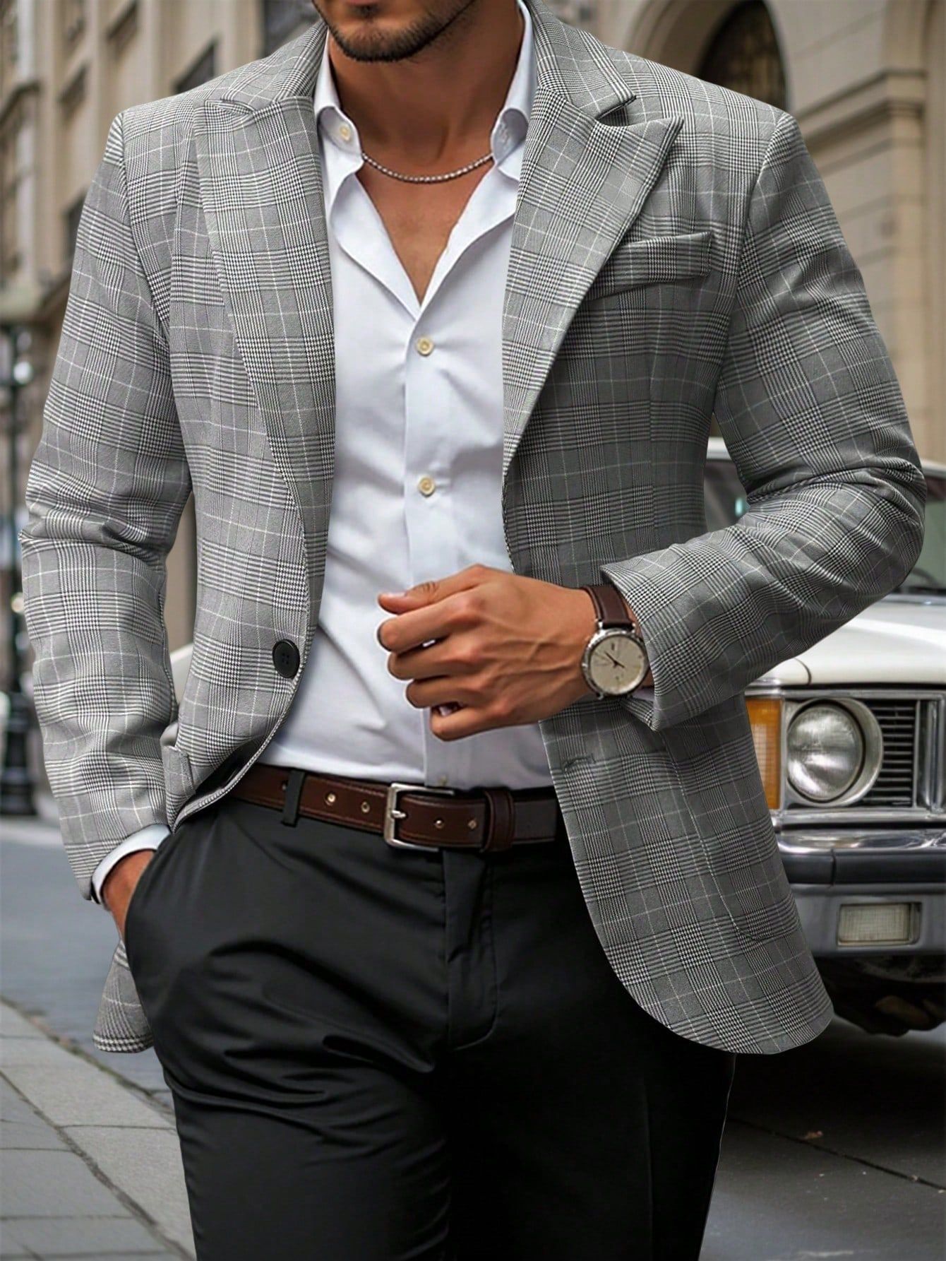 Men's Plaid Blazer With Notched Lapel And Two-button Fastening_voghion.com