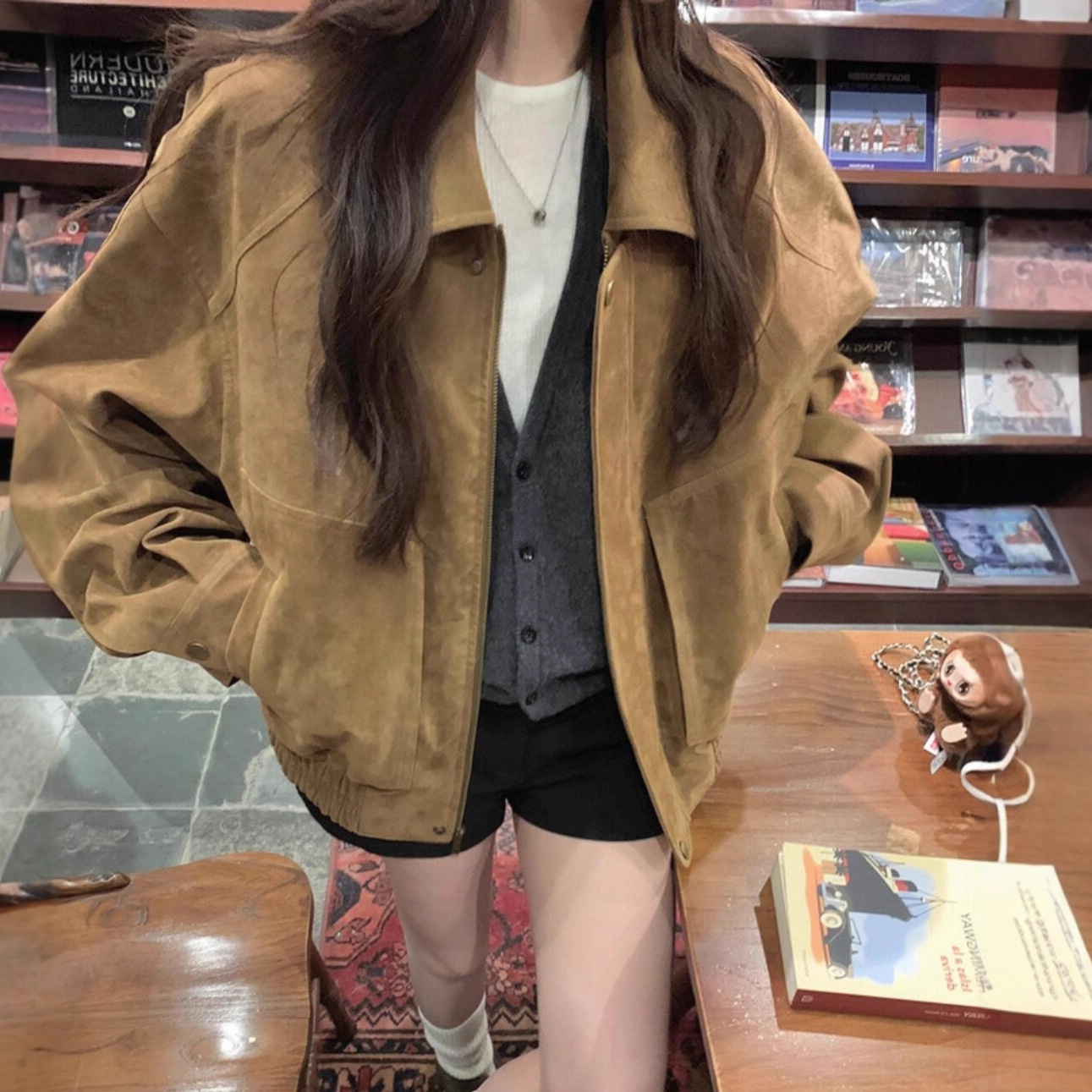 2025 Show Loose Temperament Old Money Autumn and Winter Jacket Maillard Style Retro Lapel Suede Motorcycle Jacket Women