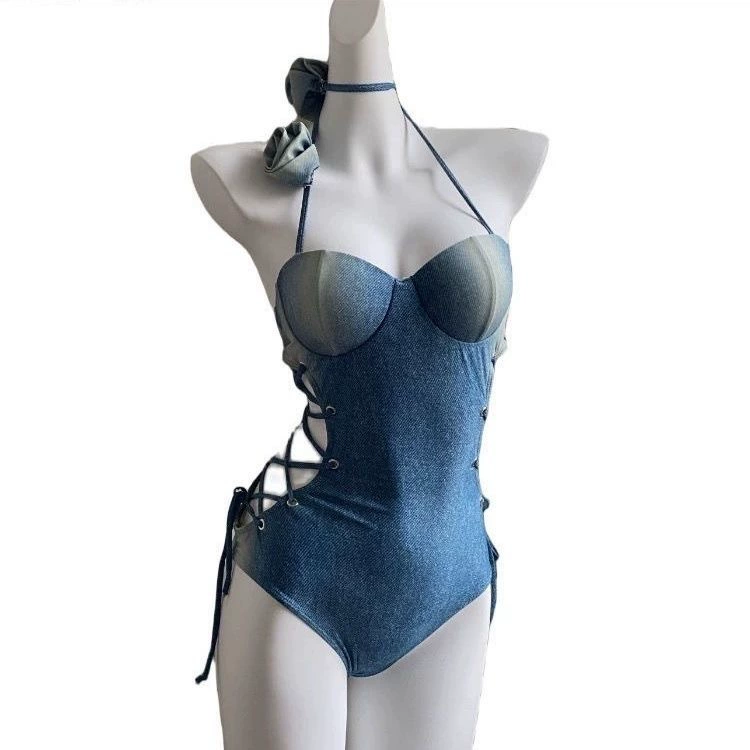 Genuine retro swimwear, denim brace, belt, American style, fitted
