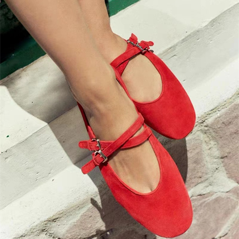24 New Heelys Shoes Plaid Red Double Thin Buckle Leather Ballet Style Flat Shoes Velvet Flat Heel Shoes