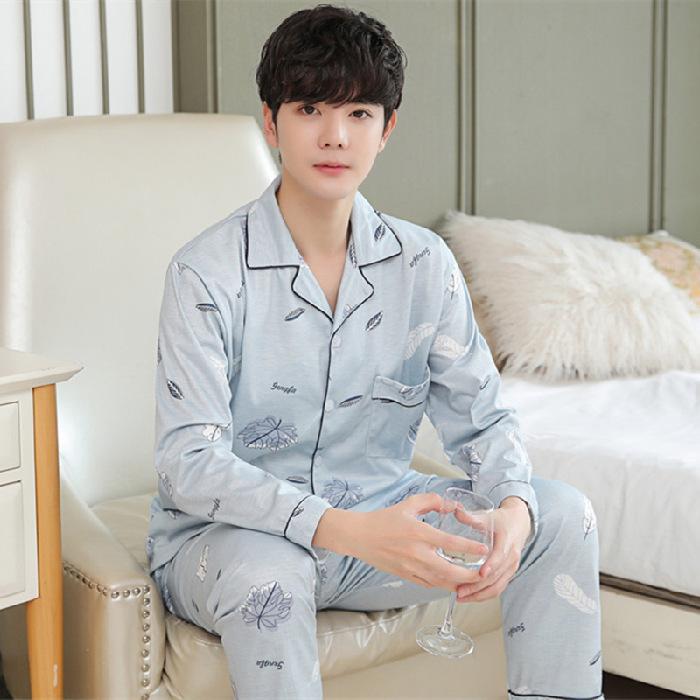 Transmisión en vivo de nuevos pijamas de hombre primavera y otoño de tamaño grande casero ocio relajado dos piezas de ropa de casa para hombres micro comercio