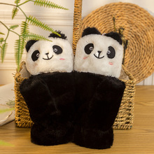 冬季女加绒加厚毛绒翻盖半指手套卡通刺绣熊猫手套防寒保暖手套潮
