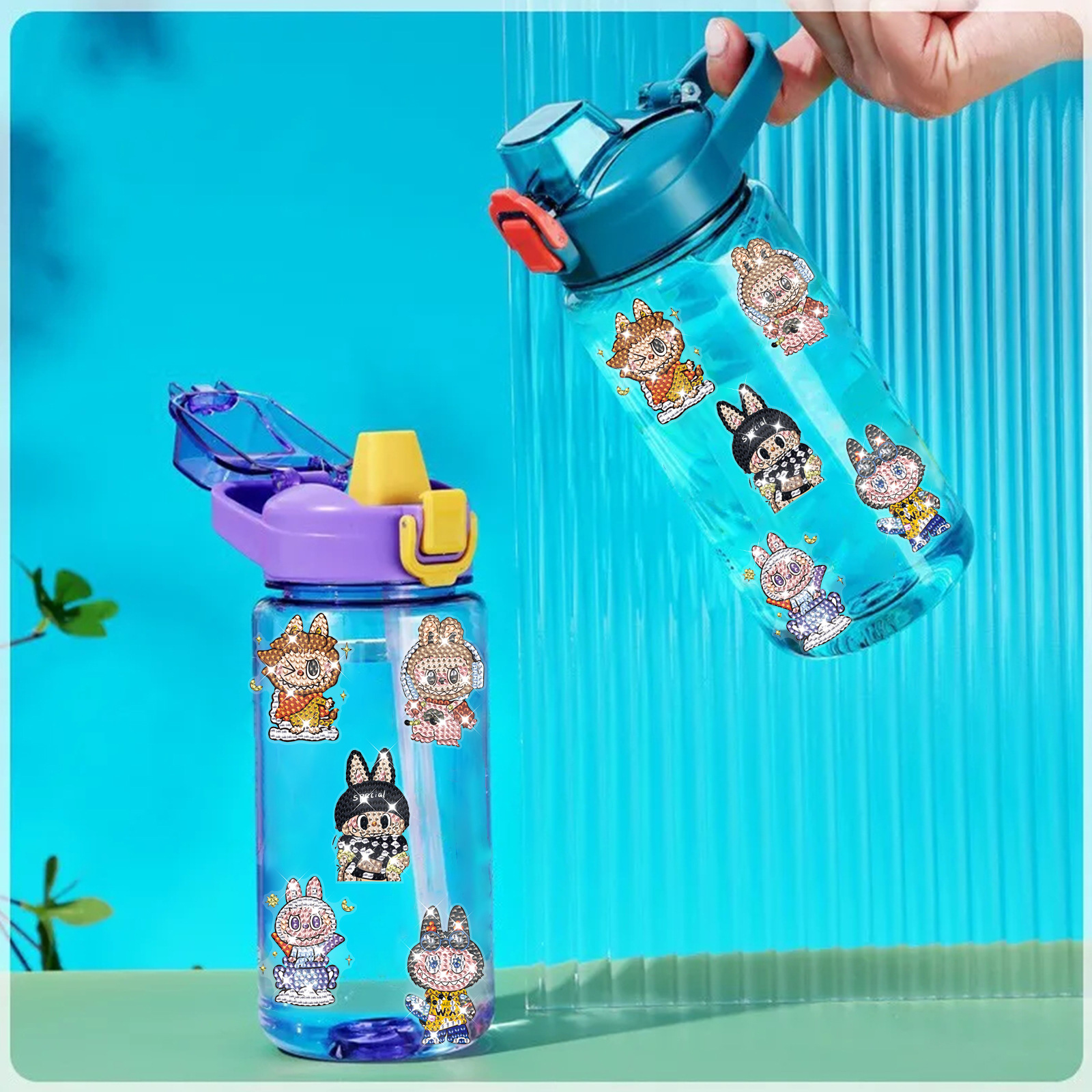 Labubu nueva etiqueta de taza de agua de pintura de diamantes hecha a mano bricolaje decoración de dibujos animados para niños tela rabu pegatinas al azar al por mayor