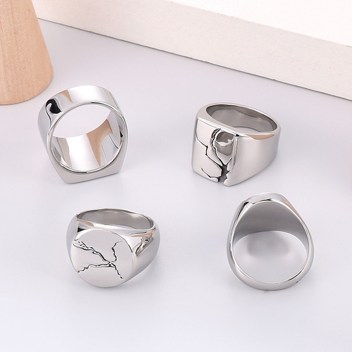 European and American cross-border trendy stainless steel wide-faced ring, simple and personalized design, black cracked round face men's ring