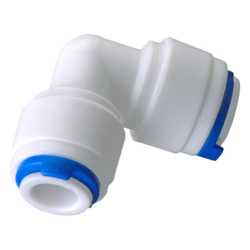 Venta al por mayor conector purificador de agua 2 puntos enchufe rápido codo conector de tubería de agua de tipo L 2 puntos de tubería de PE conector de extensión de esquina 4040