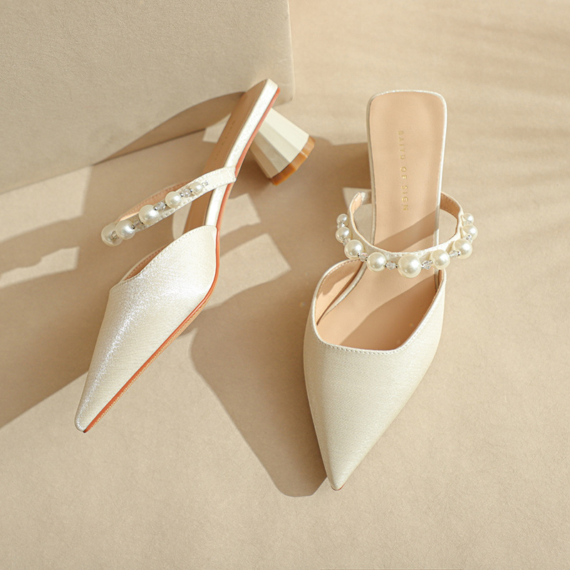 Fuhao Women's Pointed Toe Sandals with Chunky Heels, Spring/Summer Open Back Satin Fashion Slippers Fuhao Women's Pointed Toe Sandals with Chunky Heels, Spring/Summer Open Back Satin Fashion Slippers