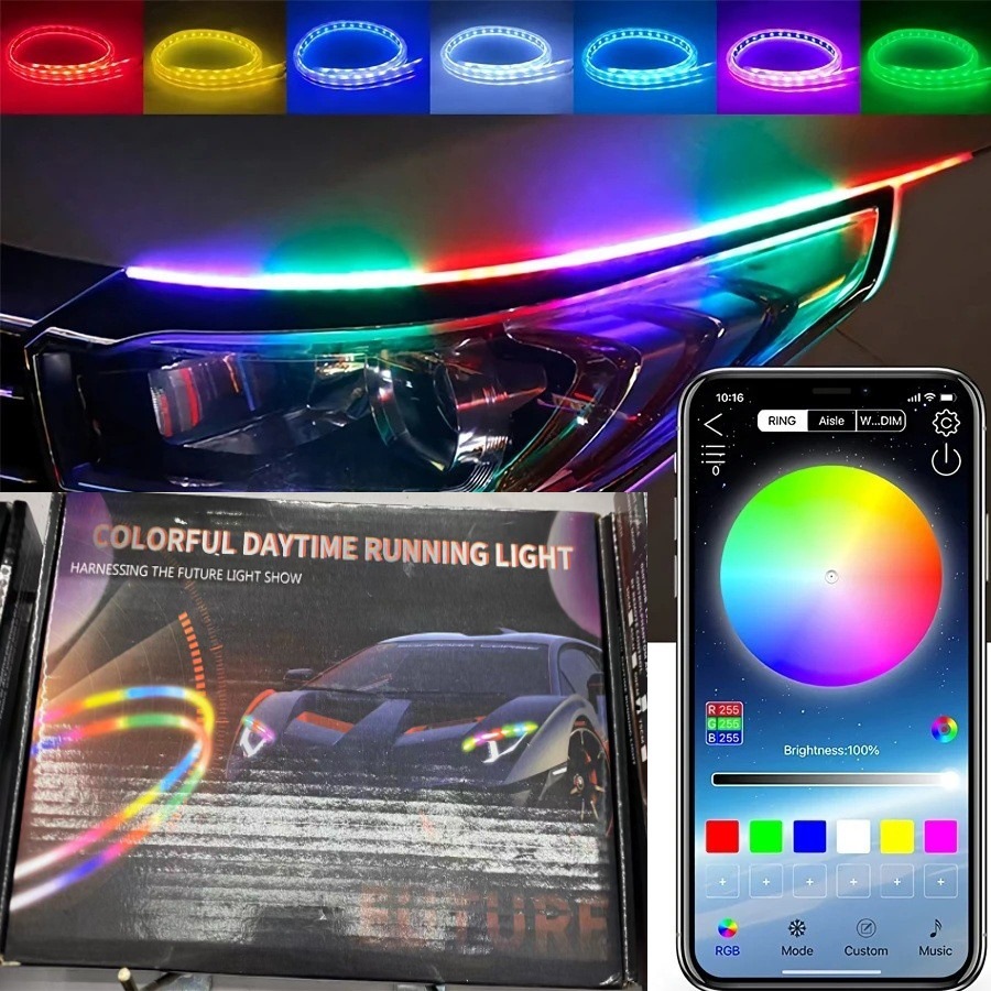 Car LED light bar ultra-thin daytime running light APP mobile phone control magic color light guide two-color running water with steering driving light