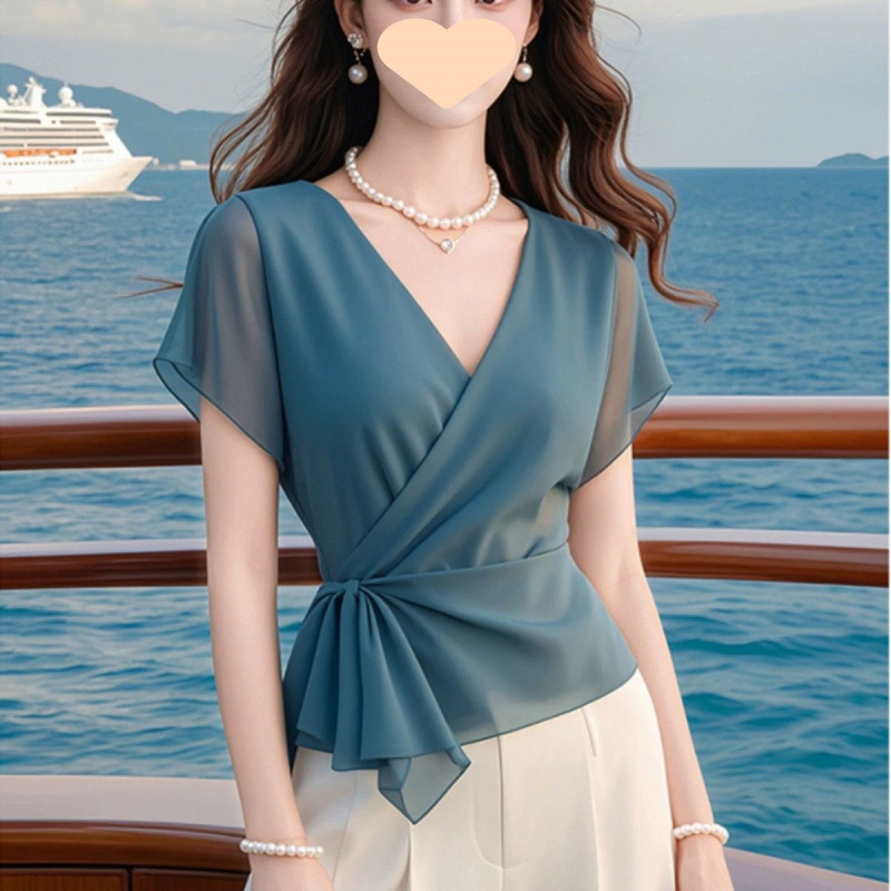 妖精のような絶妙で美しいシャツ、女性用のブルーウエスト半袖シャツ、夏のユニークで美しいシフォントップ|undefined