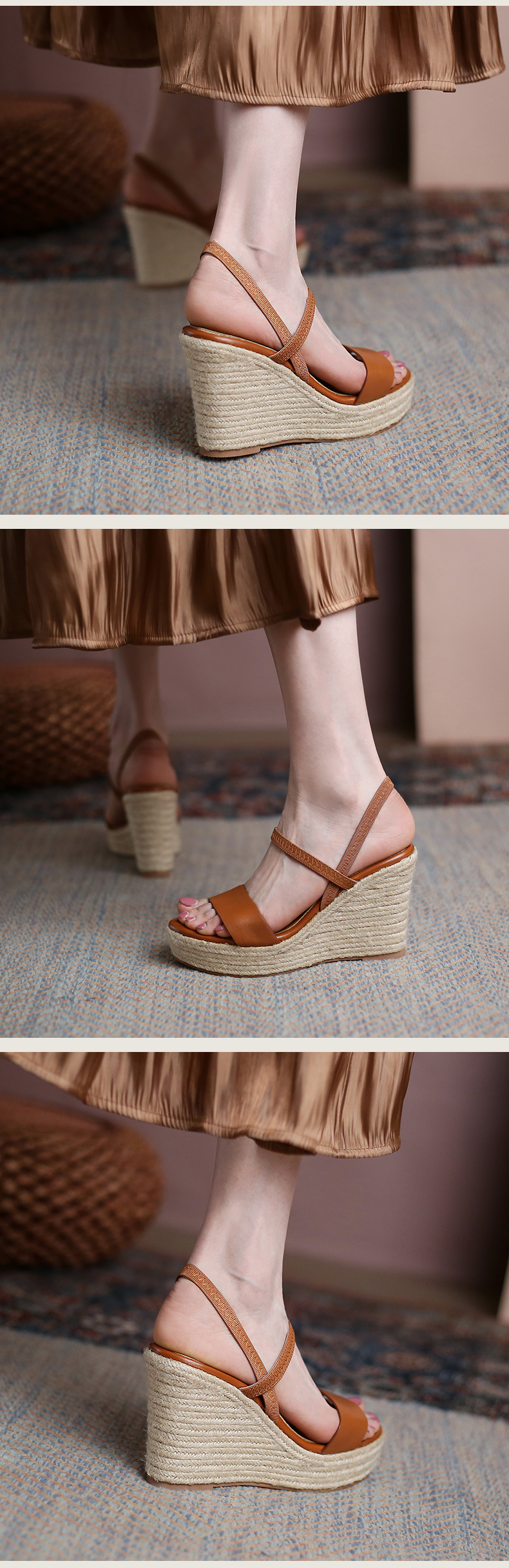 Sandal cao gót nữ hở mũi đế xuồng cói phong cách retro, gót platform 8 cm — nâu chi tiết 5