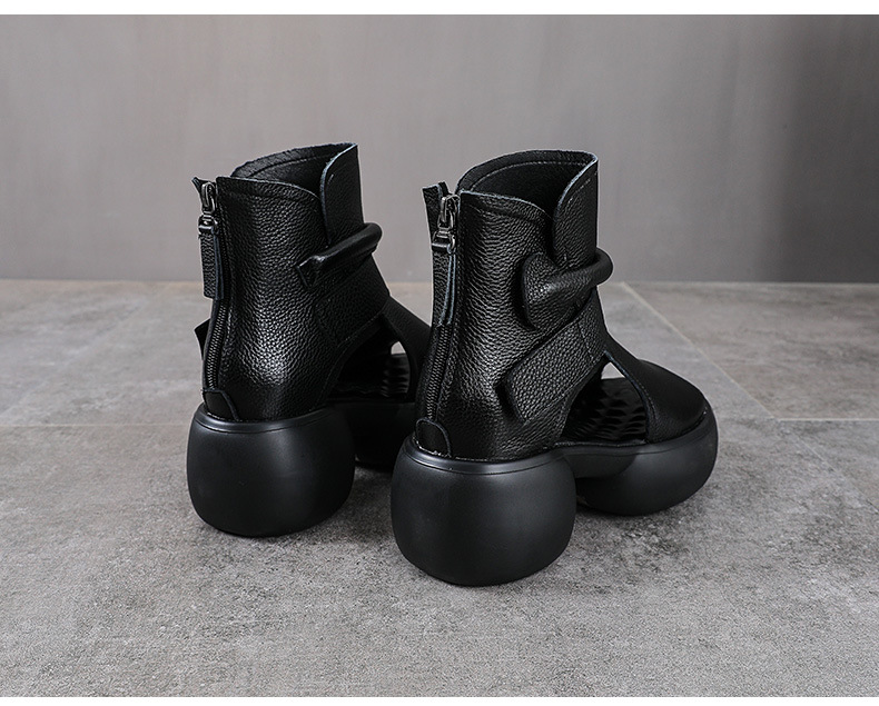 Sandal hở mũi nữ da bò thật đế dày tăng chiều cao khóa kéo — màu đen chi tiết 12