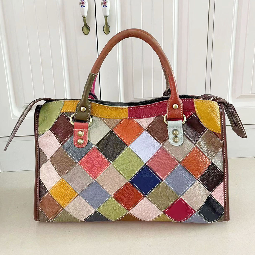 European And American Style Motorcycle Bag For Women, Genuine Leather Handbag, Colorful Cowhide Quilted Patchwork Shoulder And Crossbody Bag - Thumbnail 6